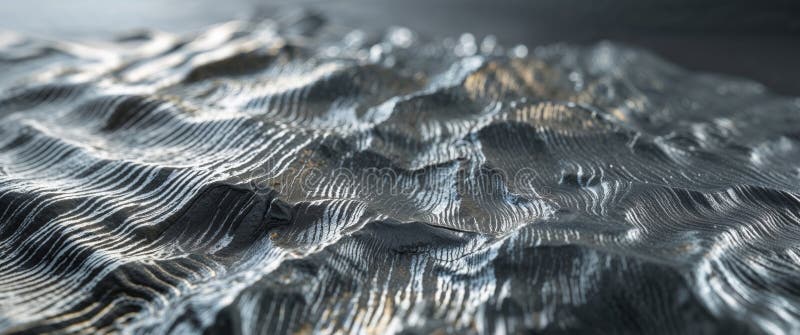 Abstract close up of a textured metallic surface with light reflecting and casting shadows. stock photo