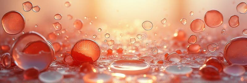 Abstract close-up of translucent red bubbles on reflective surface at sunset royalty free illustration