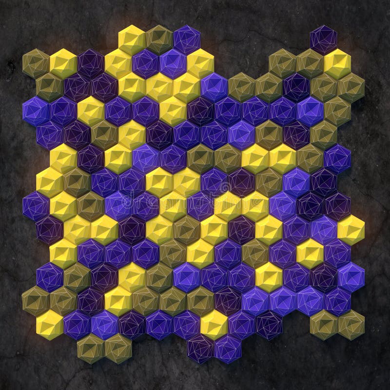 Abstract colored hexagon pattern on dark surface. 3d rendering royalty free illustration