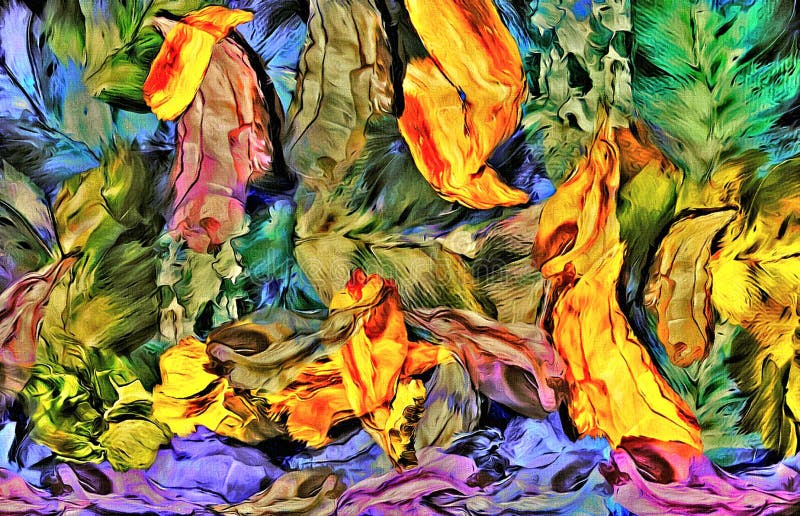 Abstract colored psychedelic background with a texture of brush strokes of floral stickers on a textured canvas. stock image Abstract colored psychedelic background with a texture of brush strokes of floral stickers on a textured canvas. stock image