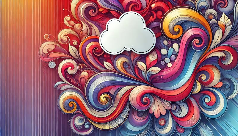 Abstract colorful background with swirling patterns in red, purple, and yellow, with cloud shaped sticker for text stock image