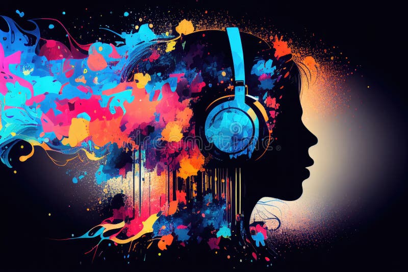 Abstract Colorful Female Head Wearing Headphones and Listening To Music ...