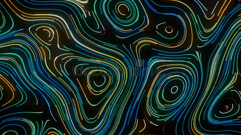 Abstract colorful geometric wave stains on a black background, seamless loop. Motion. Oval shaped silhouettes in many vector illustration