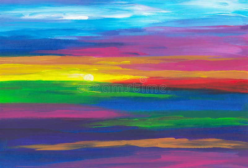 Abstract colorful landscape painting. Sunset on meadow. Artistic background. Contemporary art