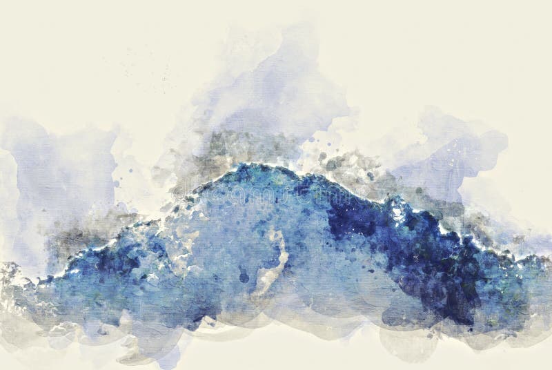 Abstract color mountain peak and tree watercolor illustration background