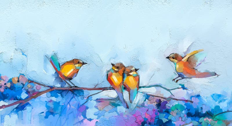 Abstract colorful oil, acrylic painting of bird and spring flower. Modern art paintings brush stroke on canvas. Illustration oil