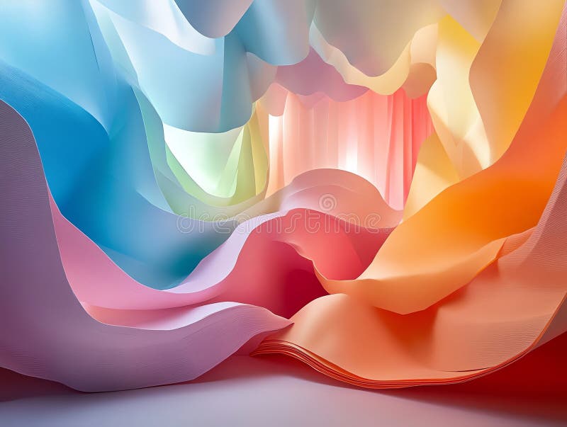 Abstract colorful paper waves create a tunnel-like structure with a bright light stock illustration