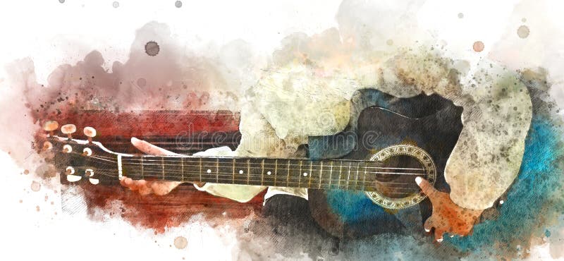 Colorful playing acoustic guitar on watercolor illustration painting background.