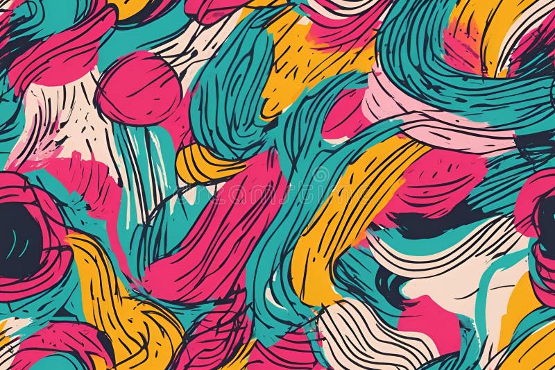 Abstract colorful scribble print seamless pattern illustration in retro 80s style. Trendy background with creative drawing royalty free illustration