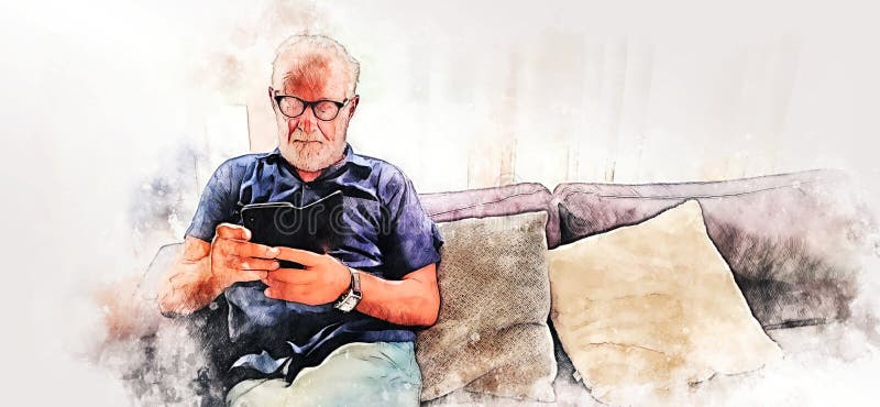 Abstract colorful senior man sitting and playing mobile phone alone at home on watercolor illustration painting background.