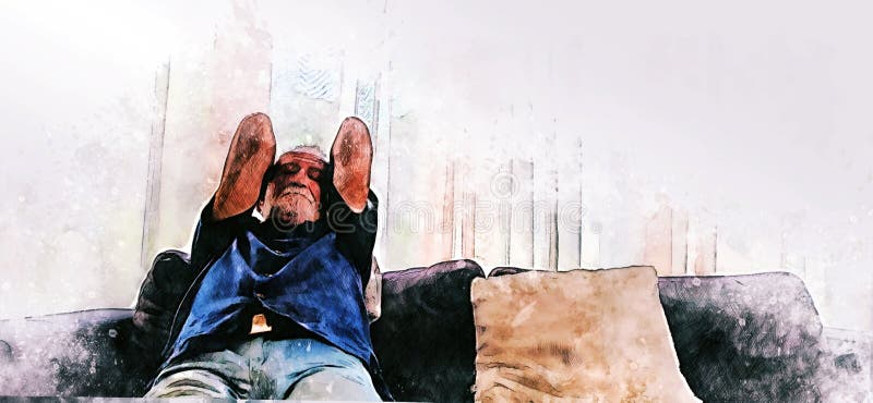 Abstract colorful senior man sitting and playing mobile phone alone at home on watercolor illustration painting background.