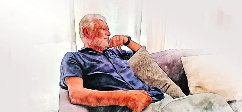 Abstract colorful senior man sitting and playing mobile phone alone at home on watercolor illustration painting background.