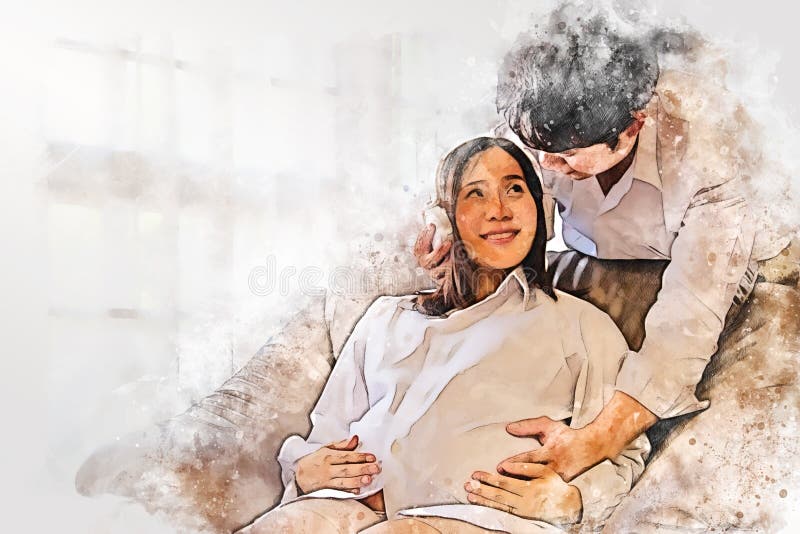 Husband Listening The Belly Of His Pregnant Asian Wife Isolated On White Background Stock Image