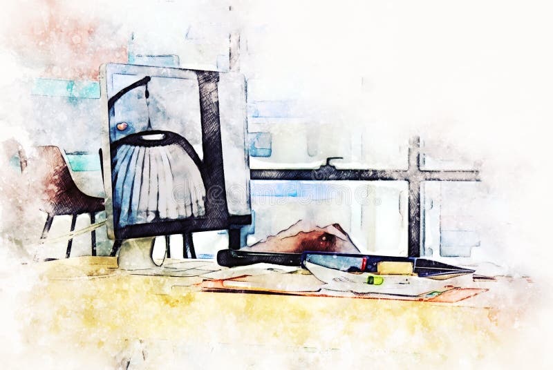 Abstract Colorful Work Table In Office Watercolor Illustration Painting. Stock Image - Image Of House, Desk: 162069417