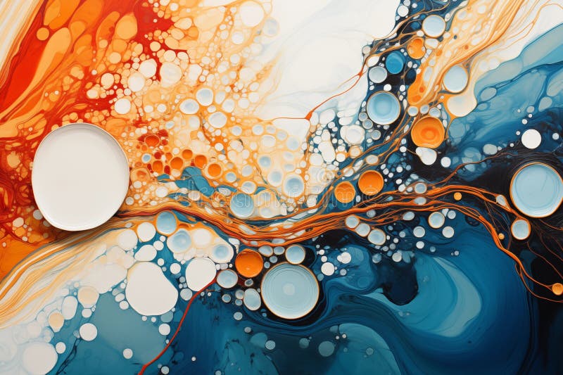 Abstract colourful round dots on fluid liquid red brown blue flow royalty free stock photos