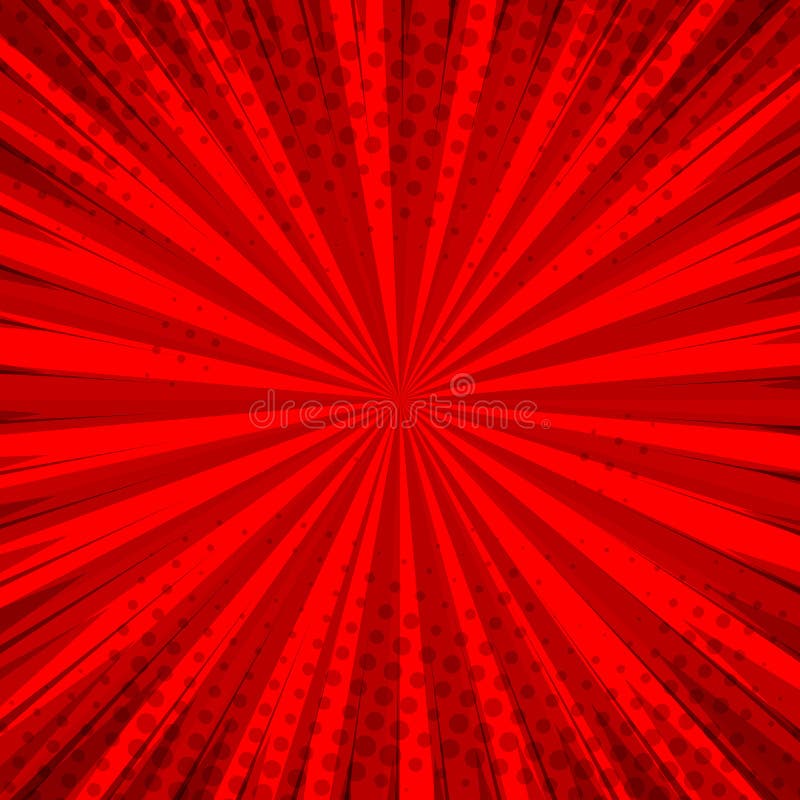 Abstract comic red background for style pop art design. Retro burst template backdrop. Light rays effect.