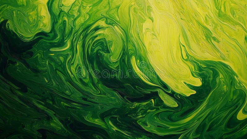 An abstract composition of bright, medium, and dark green swirls intertwined with yellow, creating a dynamic and harmonious pattern. The design has no shadows, emphasizing smooth transitions and vibrant color play