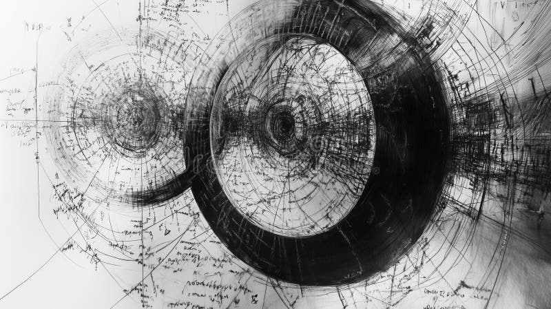 Abstract black and white artwork depicting circular forms with intricate lines and notes, illustrating a creative stock photos