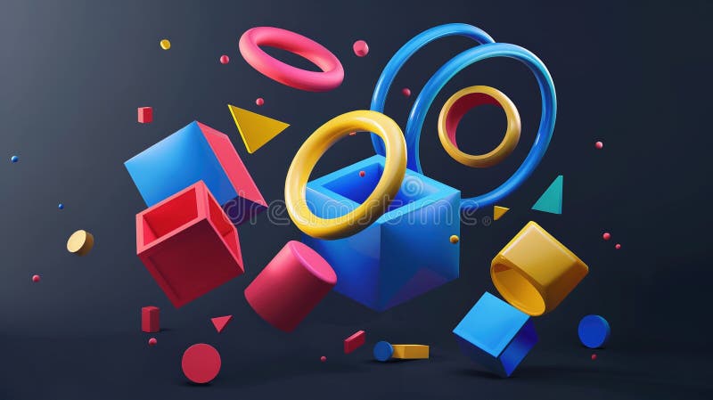 Abstract composition floating in dark space 3d rendering image, stock illustration.