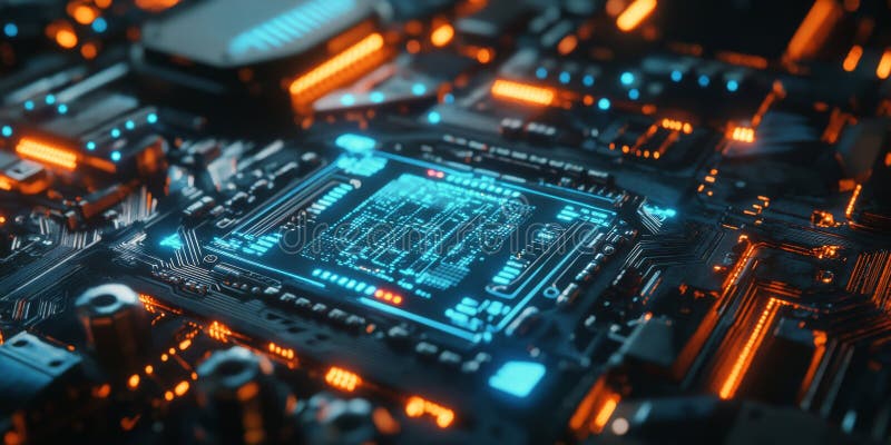 Abstract composition of glowing circuit boards and microchips in a digital environment at night royalty free stock photo