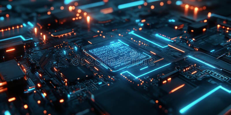 Abstract composition of glowing circuit boards and microchips in a digital environment at night royalty free stock image