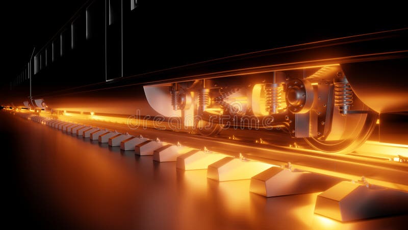 Abstract composition of night high-speed train. Dark background and red glow under the wheels of the train. 3d illustration. The concept of modern trains, fast and comfortable transport. Night train stock images, royalty-free photos and pictures