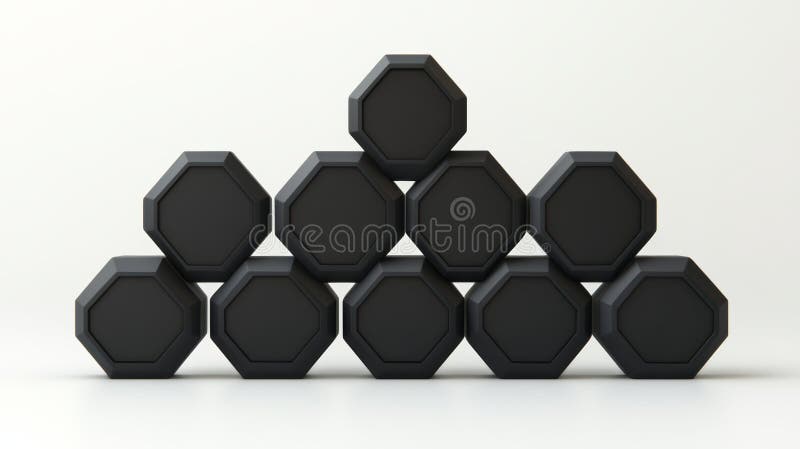 Abstract composition, stacked black hexagonal shapes on a minimalist white background royalty free illustration