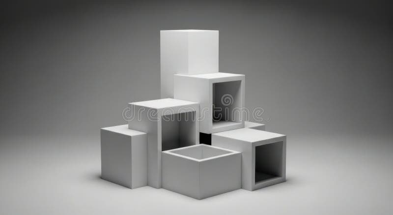 A still life arrangement of light-colored, geometric forms including cubes and rectangles, artfully stacked to form an interesting abstract visual composition. Abstract visual composition illustrations