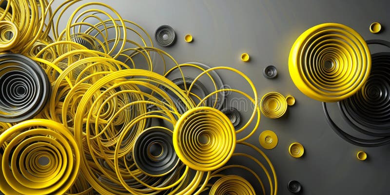 Abstract composition of vibrant yellow and dark gray concentric circles creating a dynamic visual pattern. Generative AI royalty free illustration