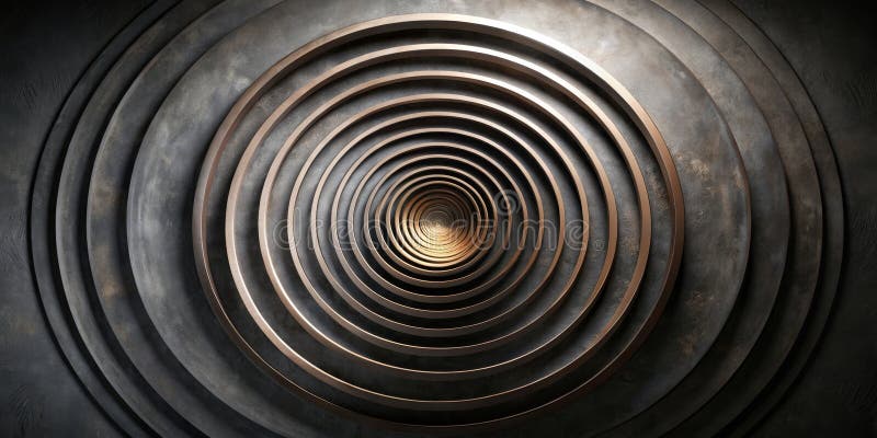 Abstract concentric circles in bronze and dark gray tones with textured surface. Generative AI stock illustration