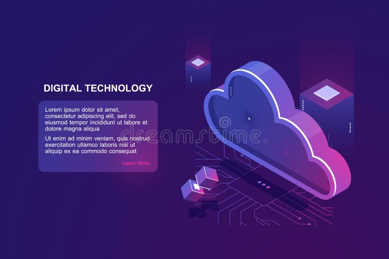 Abstract concept of digital cloud computing, cloud data storage, server room, database and data warehouse, website stock illustration