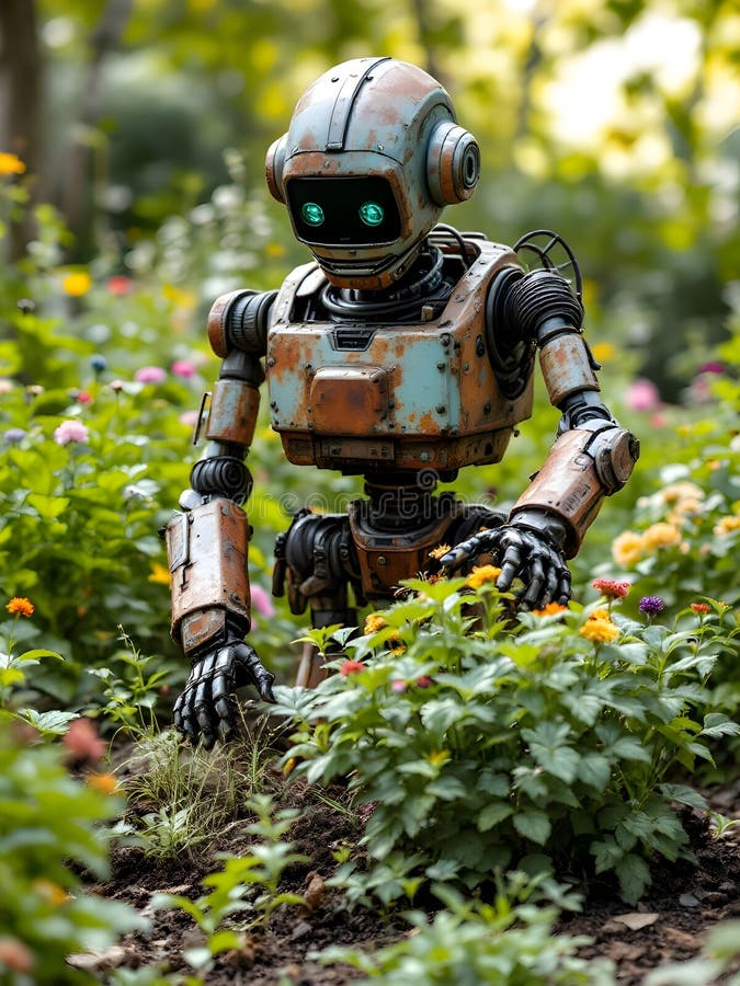 Abstract concept of an old rusty robot working in garden cleaning and planting royalty free illustration