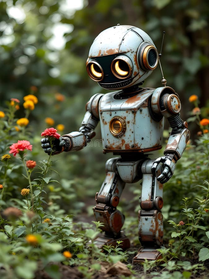 Abstract concept of an old rusty robot working in garden cleaning and planting vector illustration