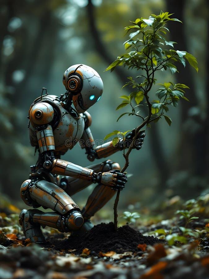 Abstract concept of an old rusty robot working in garden cleaning and planting royalty free illustration