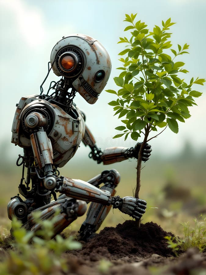 Abstract concept of an old rusty robot working in garden cleaning and planting vector illustration