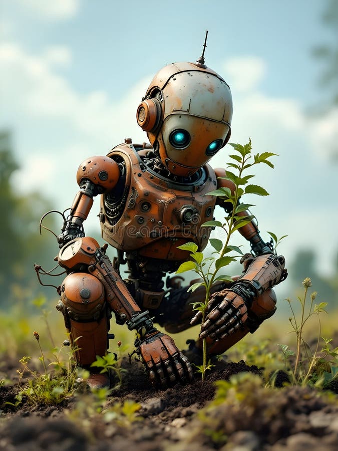 Abstract concept of an old rusty robot working in garden cleaning and planting vector illustration