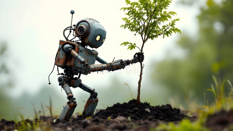 Abstract concept of an old rusty robot working in garden cleaning and planting stock illustration