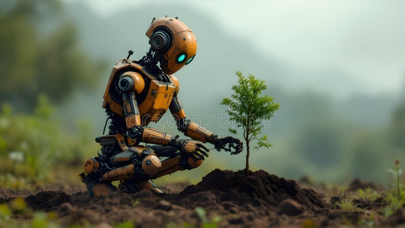 Abstract concept of an old rusty robot working in garden cleaning and planting stock illustration