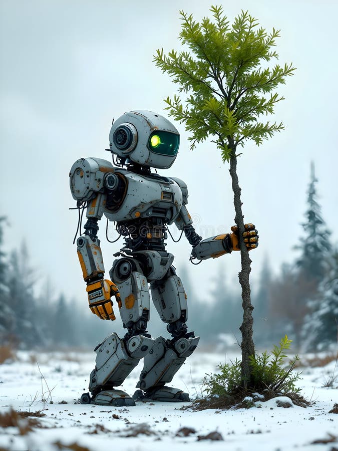 Abstract concept of an old rusty robot working in garden cleaning and planting royalty free illustration