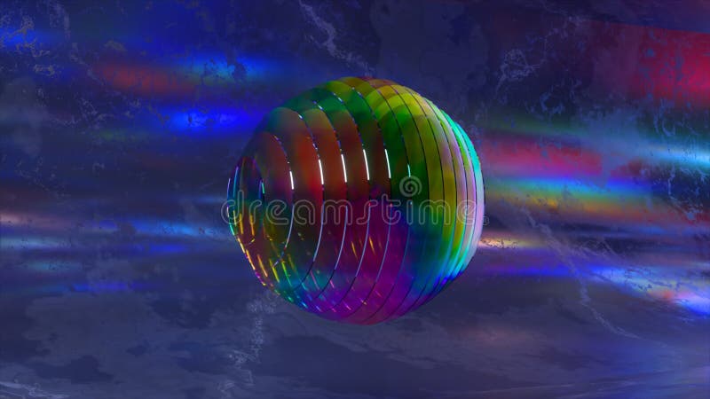Abstract concept. A sphere of metallic disks changes color in wave-like movements. Blue neon. Rainbow. Separation. royalty free illustration