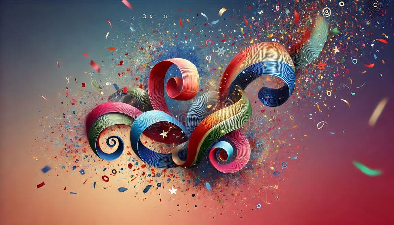 Abstract confetti design intertwined with salutes forming colorful spirals on gradient backdrop, creating surreal effect royalty free stock photo