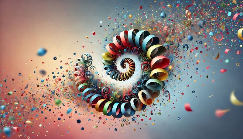 Abstract confetti design intertwined with salutes forming colorful spirals on gradient backdrop, creating surreal effect stock images