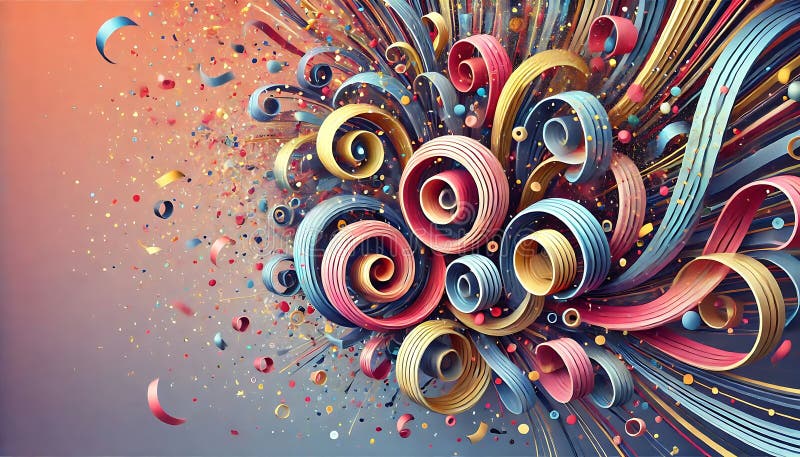 Abstract confetti design intertwined with salutes forming colorful spirals on gradient backdrop, creating surreal effect royalty free stock photo