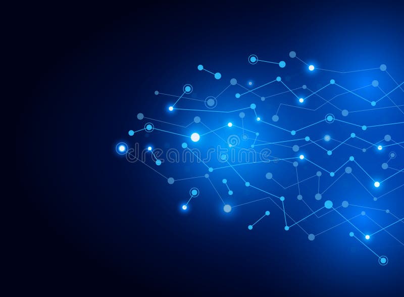 Abstract connecting dots and lines molecule dark blue background. Technology data or scientific concept. stock illustration