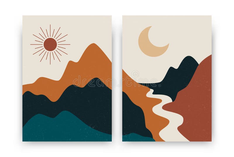 Abstract contemporary landscape posters. Modern boho background set with sun moon mountains, minimalist wall decor. Vector print