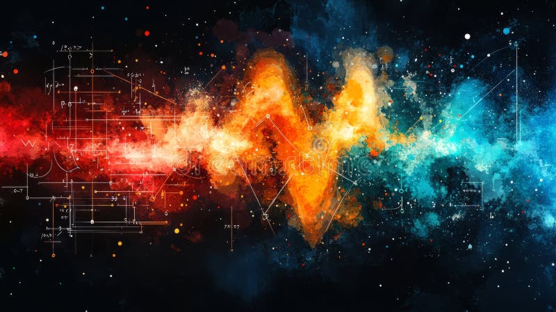 Abstract Cosmic Watercolor-målning med superpåtvingade matematiska ekvationer och diagram vektor illustrationer