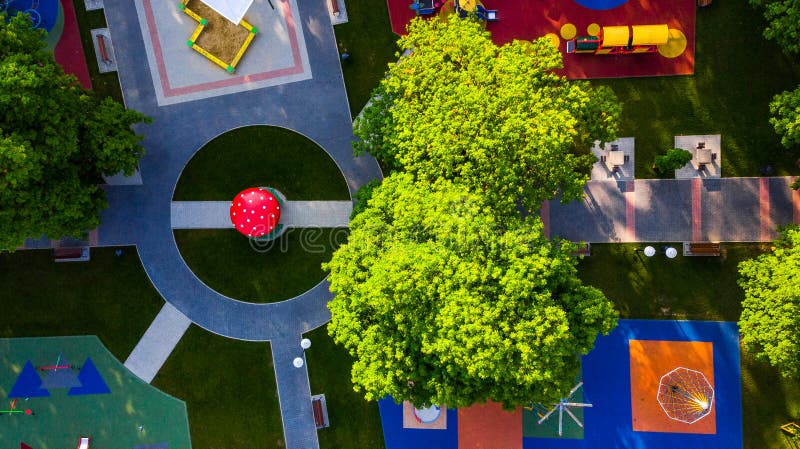 Abstract And Creative Drone Top Down View over Kids Playground in Park