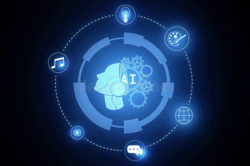 Abstract creative glowing round head outline ai hologram on blurry background. Machine learning, artificial intelligence and royalty free illustration
