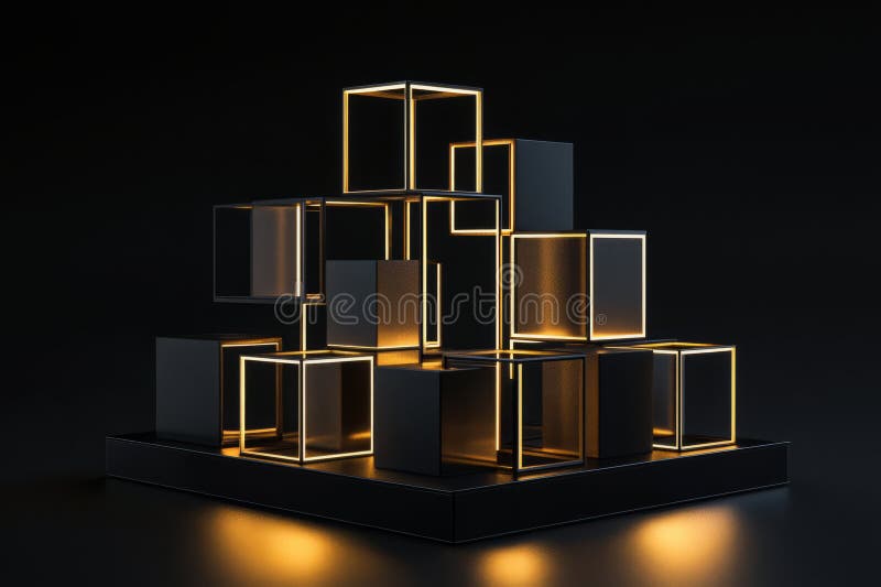 Abstract cubes arranged into a geometric grid, all rendered in sleek black and gold, with soft royalty free stock image