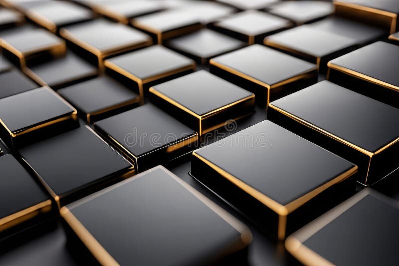 Abstract cubes arranged into a geometric grid, all rendered in sleek black and gold, with soft stock photography